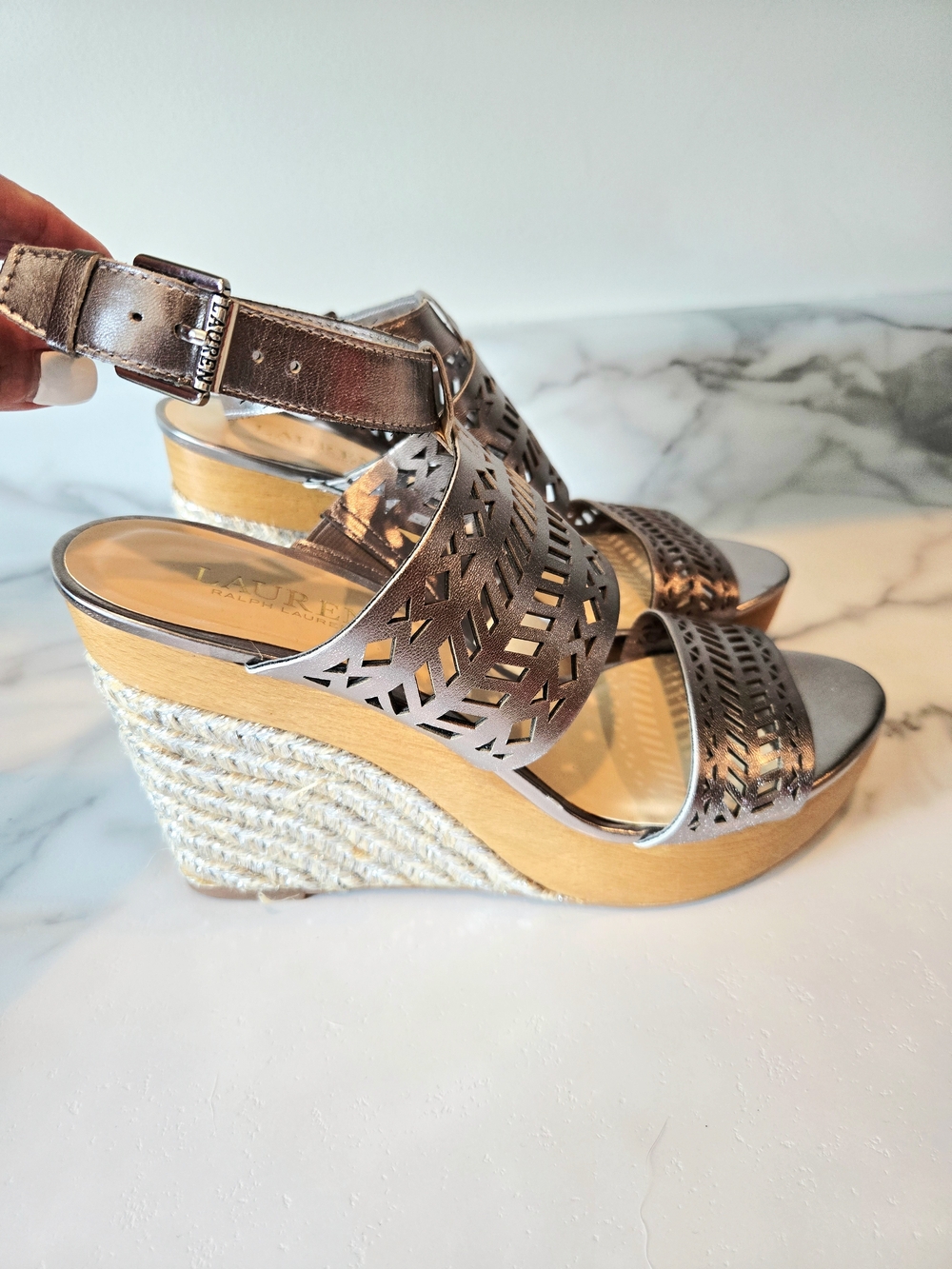 Ralph Lauren Metallic Silver Laser-Cut Espadrille Wedge Sandals